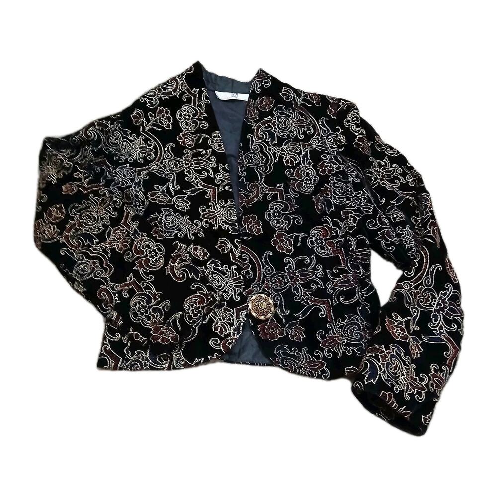 Vtg Illustrations 50 Velvet Brocade Blazer Jacket Womens Size 8 Black Gold Asian